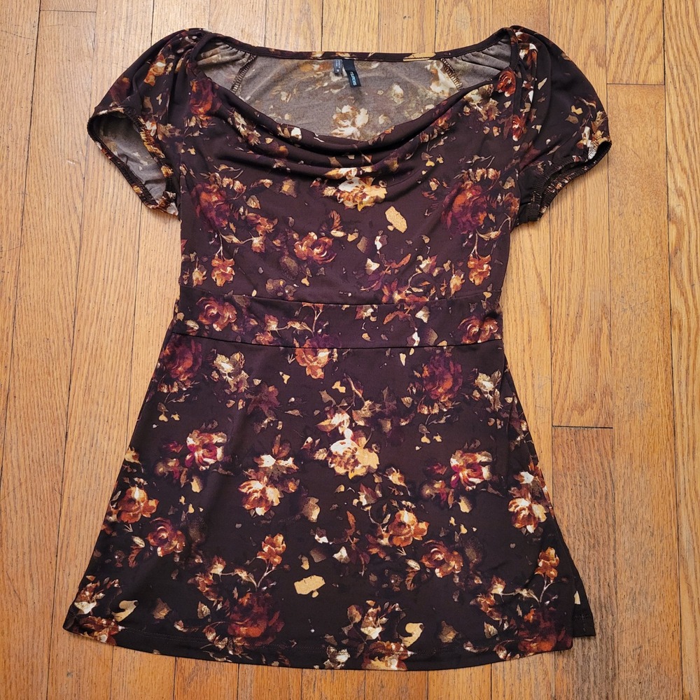 Maurices Brown Floral Cowl Neck Empire Waist Babydoll Top S Y2K Whimsigoth